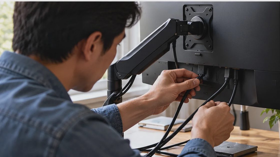 Hand adjusting an external monitor connected by cable to a laptop.