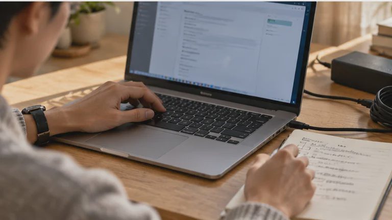 Person recording notes while checking information on a laptop at a wooden desk.