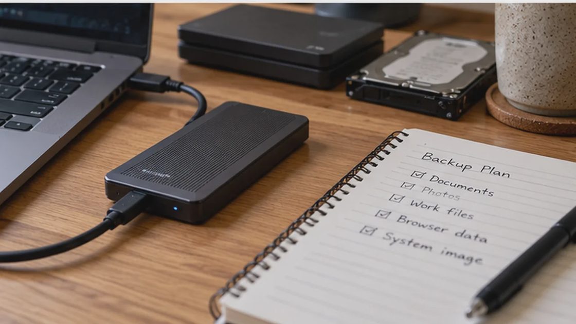 Portable external drive connected to a laptop beside a handwritten checklist.