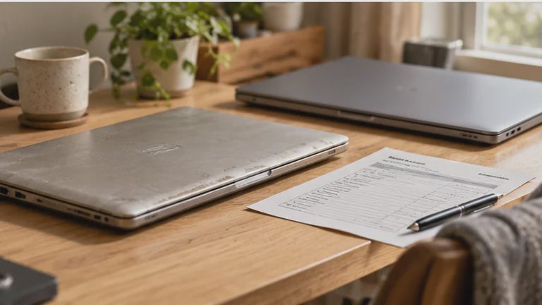 An older laptop and a newer laptop beside a comparison sheet on a wooden desk.