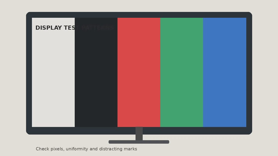 Schematic test monitor displaying five solid colors for checking screen defects
